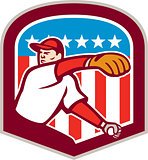 American Baseball Pitcher Throw Ball Shield Cartoon