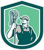 Janitor Cleaner Holding Mop Shield Retro