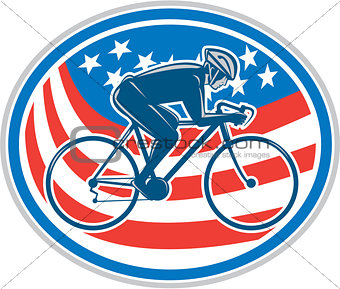 Cyclist Riding Mountain Bike American Flag Oval