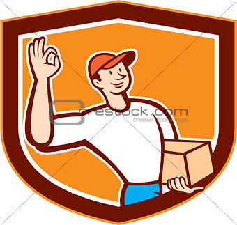 Delivery Man Okay Sign Shield Cartoon