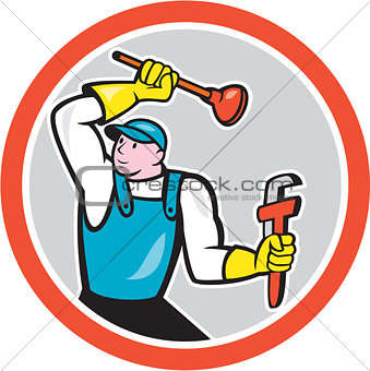 Plumber Holding Wrench Plunger Cartoon