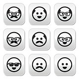 Bald man with mustache and in glasses faces buttons set