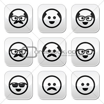 Bald man with mustache and in glasses faces buttons set