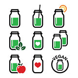 Green shake, green smoothie jar icons set