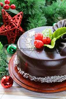 delicious Christmas chocolate cake on festive table