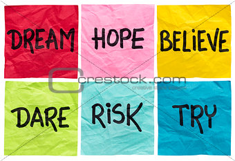 dream, believe, risk, try