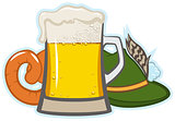 A glass of beer, hat with feather and sausage
