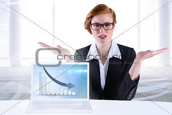 Composite image of businesswoman holding hand out in presentation