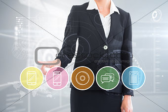Composite image of businesswoman pointing to menu