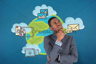 Composite image of young businessman thinking