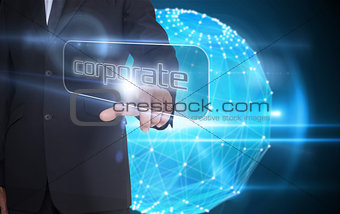 Businessman pointing to word corporate