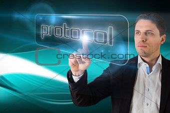 Businessman pointing to word protocol