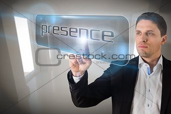 Businessman pointing to word presencece