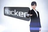 Businesswoman pointing to word hacker