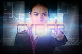 Businesswoman pointing to the word cyber