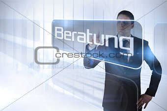 Businessman pointing to the word advice in german
