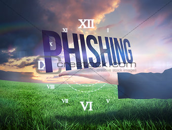 Businesswomans hand presenting the word phishing