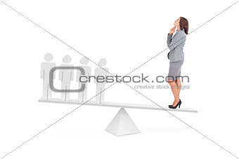Scales weighing businesswoman and stick men