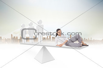 Scales weighing relaxed businesswoman and stick men