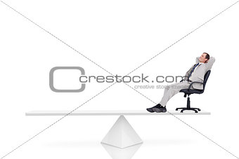 White scales measuring businessman in swivel chair