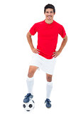 Football player in red standing with ball