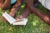 Young couple reading book on the grass