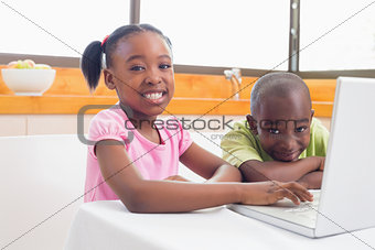 Cute siblings using laptop together