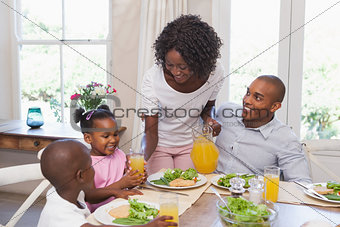 Mother serving juice to her family at lunch