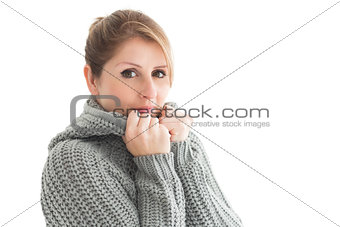 Close up portrait of woman in warm clothing