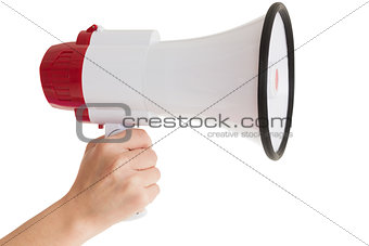 Close up of hand holding bullhorn