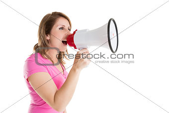 Side view of woman shouting into bullhorn