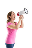 Young woman shouting into bullhorn