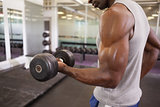Muscular man exercising with dumbbell in gym