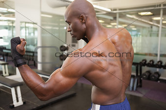 Muscular boxer in defensive stance in health club