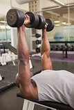 Muscular man exercising with dumbbells