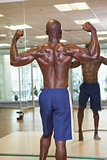 Rear view of muscular man flexing muscles in gym