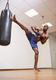 Muscular boxer kicking punching bag in gym