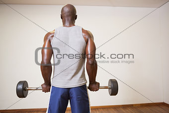 Rear view of a muscular man lifting barbell