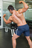 Rear view of a muscular man flexing muscles