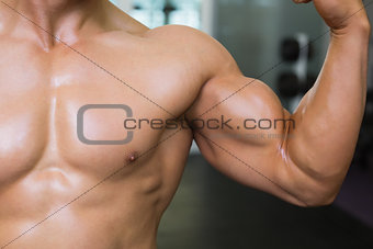Mid section of muscular man flexing muscles