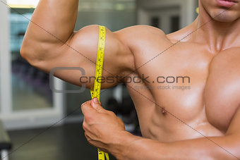 <id section of muscular man measuring biceps