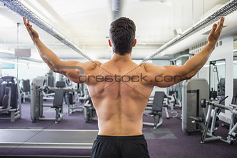 Rear view of shirtless muscular man in gym