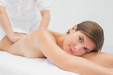 Attractive young woman receiving back massage at spa center