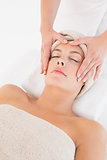 Attractive young woman receiving facial massage at spa center