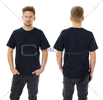 Man posing with blank dark blue shirt