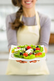Closeup on young housewife showing greek salad