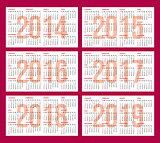 calendar grid 2014, 2015, 2016, 2017, 2018, 2019