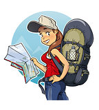 Tourist girl with rucksack and map