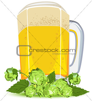 Mug of lager beer and green hops