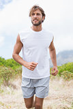 Attractive man jogging on mountain trail